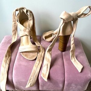 Blush pink velvet tie heels